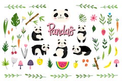 Vector pack with pandas, fruits and plants. Hand-drawn style. Scandinavian motives. Set of 45 elements royalty free illustration Vector pack with pandas, fruits and plants. Hand-drawn style. Scandinavian motives. Set of 45 elements royalty free illustration
