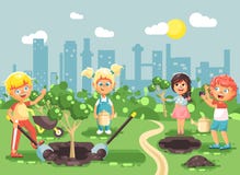 Vector personagens de banda desenhada da ilustração das crianças menino e da menina que planta em plântulas do jardim da árvore, ilustração royalty free Vector personagens de banda desenhada da ilustração das crianças menino e da menina que planta em plântulas do jardim da árvore, ilustração royalty free