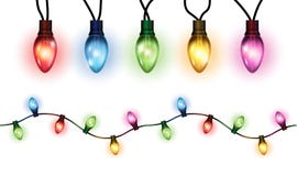 Vector realistic glowing colorful christmas lights in seamless pattern and individual hanging light bulbs isolated on white backgr