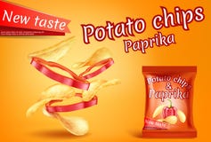 Vector realistic potato chips, paprika slices banner stock illustration Vector realistic potato chips, paprika slices banner stock illustration