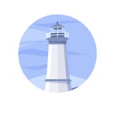 Vector Scheinwerfertürme Leuchtturm der Karikatur flache für Seenavigationsanleitung im Kreis auf dem weißen Hintergrund stock abbildung Vector Scheinwerfertürme Leuchtturm der Karikatur flache für Seenavigationsanleitung im Kreis auf dem weißen Hintergrund stock abbildung
