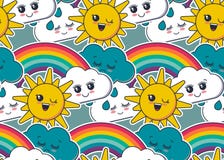 Vector seamless pattern with cute smiling sun, rainbow, cloud, rain drop faces. vector illustration Vector seamless pattern with cute smiling sun, rainbow, cloud, rain drop faces. vector illustration