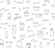 Vector seamless pattern of different kinds of yoghurt. Hand drawn repeating background of organic fresh dairy products with text. stock illustration Vector seamless pattern of different kinds of yoghurt. Hand drawn repeating background of organic fresh dairy products with text. stock illustration