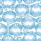 Vector seamless pattern with dotted Sea shell or Scallop in blue, pebbles and waves. Marine and aquatic theme. vector illustration Vector seamless pattern with dotted Sea shell or Scallop in blue, pebbles and waves. Marine and aquatic theme. vector illustration