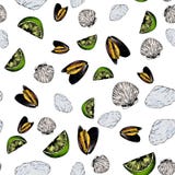Vector seamless pattern of seafood.Clams, oyster and lime. Hand drawn engraved icons. Colored objects. vector illustration Vector seamless pattern of seafood.Clams, oyster and lime. Hand drawn engraved icons. Colored objects. vector illustration