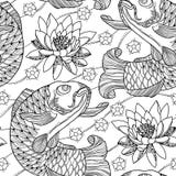 Vector Seamless Pattern With Outline Koi Carp And Lotus Or Water Lily In Black On The White Background. Japanese Ornate Fish. Royalty Free Stock Photography Vector Seamless Pattern With Outline Koi Carp And Lotus Or Water Lily In Black On The White Background. Japanese Ornate Fish. Royalty Free Stock Photography