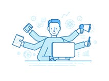 Vector self employment concept in trendy flat linear style - multitasking freelancer vector illustration Vector self employment concept in trendy flat linear style - multitasking freelancer vector illustration