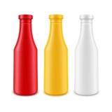 Vector Set of Blank Plastic White Red Yellow Mayonnaise Mustard Ketchup Bottle for Branding without label Isolated on vector illustration Vector Set of Blank Plastic White Red Yellow Mayonnaise Mustard Ketchup Bottle for Branding without label Isolated on vector illustration