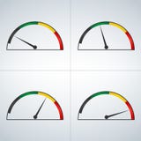 Vector set of colored gauges showing power levels from low to high. Minimum to Maximum. Min to Max. royalty free illustration Vector set of colored gauges showing power levels from low to high. Minimum to Maximum. Min to Max. royalty free illustration