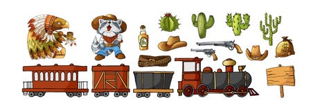 Vector Set Cowboy and Wild West Labels and Sticker Elements in Cartoon Style vector illustration Vector Set Cowboy and Wild West Labels and Sticker Elements in Cartoon Style vector illustration