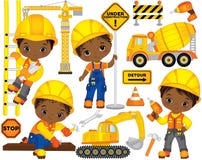 Vector Set with Cute African American Boys Dressed as Little Builders and Construction Transport
