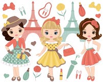 Vector Set with Cute Little Girls in Retro Style and Fashion royalty free illustration Vector Set with Cute Little Girls in Retro Style and Fashion royalty free illustration