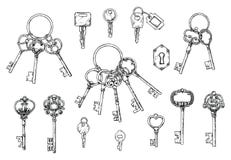 Vector set of hand-drawn antique keys. Illustration in sketch style on white background. Old design royalty free illustration Vector set of hand-drawn antique keys. Illustration in sketch style on white background. Old design royalty free illustration