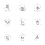 Vector set illustartion logos and design templates or badges. Organic and eco honey labels and tags with bees. Linear stock illustration Vector set illustartion logos and design templates or badges. Organic and eco honey labels and tags with bees. Linear stock illustration