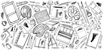 Vector Set Of Hand Drawn Sketch Vector Artist Materials. Black And White Stylized Illustration With Painting And Drawing Tools Royalty Free Stock Photo Vector Set Of Hand Drawn Sketch Vector Artist Materials. Black And White Stylized Illustration With Painting And Drawing Tools Royalty Free Stock Photo