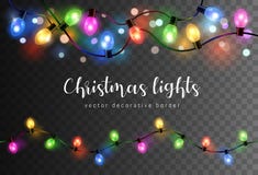 Vector set of realistic glowing colorful christmas lights in seamless pattern isolated on dark background. 