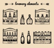 Vector set of vintage brewery elements.Retro collection with beer,lager,ale signs. Sketched boxes or crates with bottles stock illustration Vector set of vintage brewery elements.Retro collection with beer,lager,ale signs. Sketched boxes or crates with bottles stock illustration