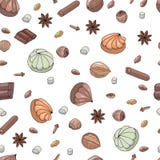 Vector. Sketch drawings. Seamless pattern with marshmallows, chocolate and herbs. Cinnamon, star anise, walnut, hazelnut, almonds royalty free illustration Vector. Sketch drawings. Seamless pattern with marshmallows, chocolate and herbs. Cinnamon, star anise, walnut, hazelnut, almonds royalty free illustration