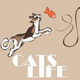 Vector spotted cat are playing with teaser tissue fish royalty free illustration Vector spotted cat are playing with teaser tissue fish royalty free illustration
