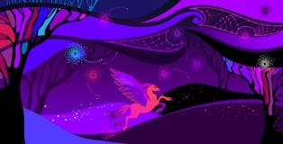 Vector Ultra violet landscape with mythology Pegasus in orange and pink. Сomposition with space cloudy sky, field and trees.