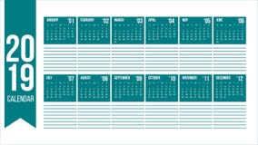 Vector van nieuwe het jaarkalender van 2019 in schone minimale lijst met lege plaats voor nota's eenvoudig in moderne kleur, de o stock illustratie Vector van nieuwe het jaarkalender van 2019 in schone minimale lijst met lege plaats voor nota's eenvoudig in moderne kleur, de o stock illustratie