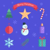 Vector vlakke inzameling van Kerstmiselementen Pictogram van boom, ster, suikergoed, bal, sneeuwman, kaars, sneeuwvlok, takje en royalty-vrije illustratie Vector vlakke inzameling van Kerstmiselementen Pictogram van boom, ster, suikergoed, bal, sneeuwman, kaars, sneeuwvlok, takje en royalty-vrije illustratie