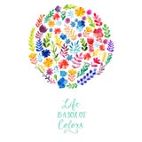 Vector watercolor circle design made of flowers. Botanical decoration, lettering. Floral card with copy space