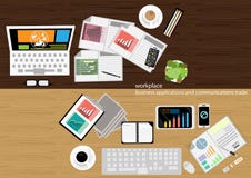 Vector workplace Business applications and communications with commercial paper, documents, files, pens, pencils, mobile phones, t Royalty Free Stock Photo Vector workplace Business applications and communications with commercial paper, documents, files, pens, pencils, mobile phones, t Royalty Free Stock Photo