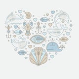 Vector иллюстрация с законспектированными морскими знаками мореплавания и морскими животными бесплатная иллюстрация Vector иллюстрация с законспектированными морскими знаками мореплавания и морскими животными бесплатная иллюстрация