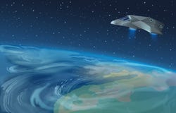Vector иллюстрация космического корабля летая над планетой к голубой звезде в раскрытом космосе галактики Взгляд земли от космоса иллюстрация штока Vector иллюстрация космического корабля летая над планетой к голубой звезде в раскрытом космосе галактики Взгляд земли от космоса иллюстрация штока