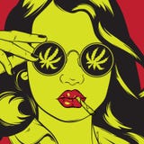 Vector иллюстрация нарисованная рукой девушки с лист крена-вверх и марихуаны на солнечных очках иллюстрация вектора Vector иллюстрация нарисованная рукой девушки с лист крена-вверх и марихуаны на солнечных очках иллюстрация вектора