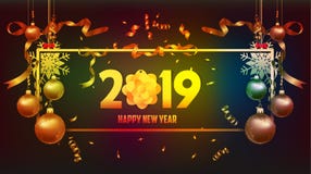 Vector иллюстрация счастливого золота 2019 обоев Нового Года и черного места цветов для шариков рождества текста иллюстрация вектора Vector иллюстрация счастливого золота 2019 обоев Нового Года и черного места цветов для шариков рождества текста иллюстрация вектора