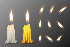 Vector реалистическая белая 3d и оранжевая свеча партии парафина или воска горящие или пень свечи и различное пламя a иллюстрация штока Vector реалистическая белая 3d и оранжевая свеча партии парафина или воска горящие или пень свечи и различное пламя a иллюстрация штока