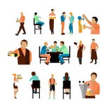 Vectordiereeks van de arbeiders en de bezoeker van de bierbar op witte achtergrond worden geïsoleerd Restaurantpictogrammen, ontw vector illustratie Vectordiereeks van de arbeiders en de bezoeker van de bierbar op witte achtergrond worden geïsoleerd Restaurantpictogrammen, ontw vector illustratie