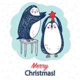 Vectorhand getrokken prentbriefkaar met twee leuke pinguïnen vector illustratie Vectorhand getrokken prentbriefkaar met twee leuke pinguïnen vector illustratie