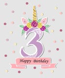 Vectorillustratie met nummer Drie, Unicorn Horn, oren en bloemkroon royalty-vrije illustratie Vectorillustratie met nummer Drie, Unicorn Horn, oren en bloemkroon royalty-vrije illustratie