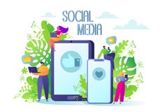 Vectorillustratie met vlakke mensenkarakters die in sociale netwerken babbelen vector illustratie Vectorillustratie met vlakke mensenkarakters die in sociale netwerken babbelen vector illustratie
