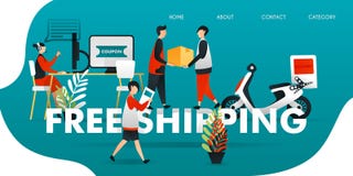 Vectorillustratie voor Webconcept koerier die pakket kostenloos aan klanten leveren de koper krijgt coupon van klantenservice voo stock illustratie Vectorillustratie voor Webconcept koerier die pakket kostenloos aan klanten leveren de koper krijgt coupon van klantenservice voo stock illustratie