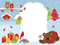 Vectorkerstmis en Nieuwjaarskaartmalplaatje met een Beer, Uilen, Kardinaal, Vogelhuizen en Giftvakjes op Sneeuwachtergrond royalty-vrije illustratie Vectorkerstmis en Nieuwjaarskaartmalplaatje met een Beer, Uilen, Kardinaal, Vogelhuizen en Giftvakjes op Sneeuwachtergrond royalty-vrije illustratie