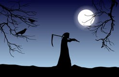 Vectorsilhouet van dood in een kap die een zeis over shoul houden vector illustratie Vectorsilhouet van dood in een kap die een zeis over shoul houden vector illustratie