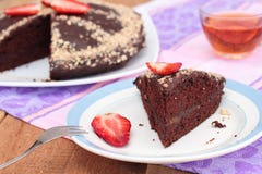 Vegan Chocolate Cake With Almonds And Strawberry. Lenten Dish Royalty Free Stock Photos