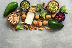 Vegan Protein Source. Healthy Foods Rich In Protein For Vegan And Vegetarian, Vegetables, Milk, Legumes, Seeds, Nuts On A Gray Royalty Free Stock Photography Vegan Protein Source. Healthy Foods Rich In Protein For Vegan And Vegetarian, Vegetables, Milk, Legumes, Seeds, Nuts On A Gray Royalty Free Stock Photography