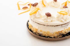 Vegan, raw carrot cake. Healthy food. White stone background. . Copy space. stock photography Vegan, raw carrot cake. Healthy food. White stone background. . Copy space. stock photography