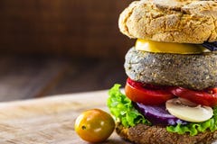 Vegan snack, meatless hamburger, vegetarian food based on plants and proteins