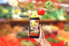 Vegetables Fall In Mobile Phone. Buying Fresh Organic Vegetables Concept Stock Image
