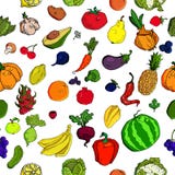 Vegetables and fruits seamless pattern background. Colorful template for cooking, restaurant menu and vegetarian food vector illustration Vegetables and fruits seamless pattern background. Colorful template for cooking, restaurant menu and vegetarian food vector illustration
