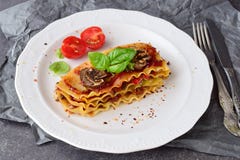 Vegetarian lasagna with mushrooms, onions, olives and tomato sauce on a white plate. Healthy eating concept royalty free stock photography Vegetarian lasagna with mushrooms, onions, olives and tomato sauce on a white plate. Healthy eating concept royalty free stock photography