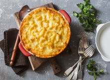 Vegetarian Shepherd`s Pie. Potatoes, Lentils And Seasonal Garden Vegetables Casserole. Stock Photos