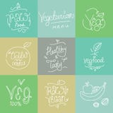 Vegetariska matetiketter Hand drog typografiska beståndsdelar Strikt vegetariankokkonst Rå foods stock illustrationer Vegetariska matetiketter Hand drog typografiska beståndsdelar Strikt vegetariankokkonst Rå foods stock illustrationer