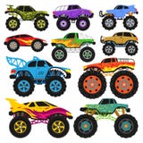 Vehículo de la historieta del vector del monster truck o coche y sistema extremo del ejemplo del transporte de monstertruck pesad libre illustration Vehículo de la historieta del vector del monster truck o coche y sistema extremo del ejemplo del transporte de monstertruck pesad libre illustration